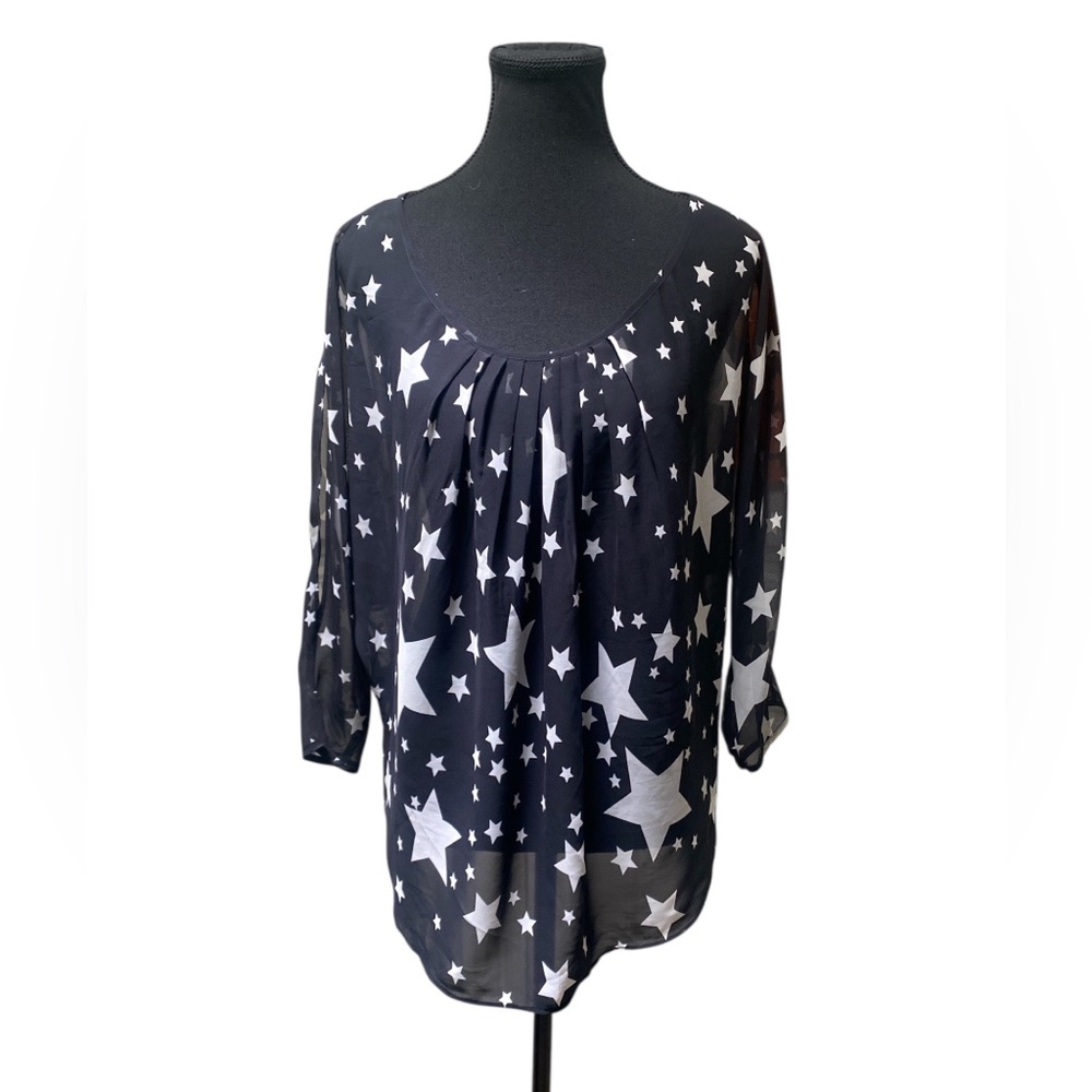 Bisou Bisou Black and White Star Sheer Blouse GUC M
